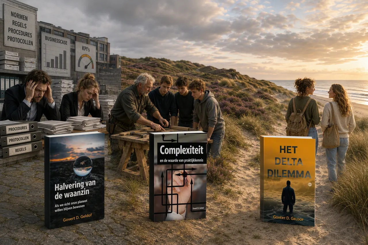 Tekening van de drie boeken van Govert Geldof op een schrijftafel