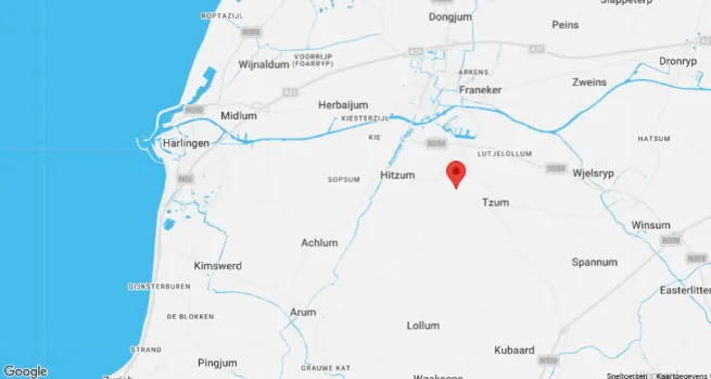 Kaart met de locatie van Holprijp 2 in Tzum, tussen Franeker en Harlingen