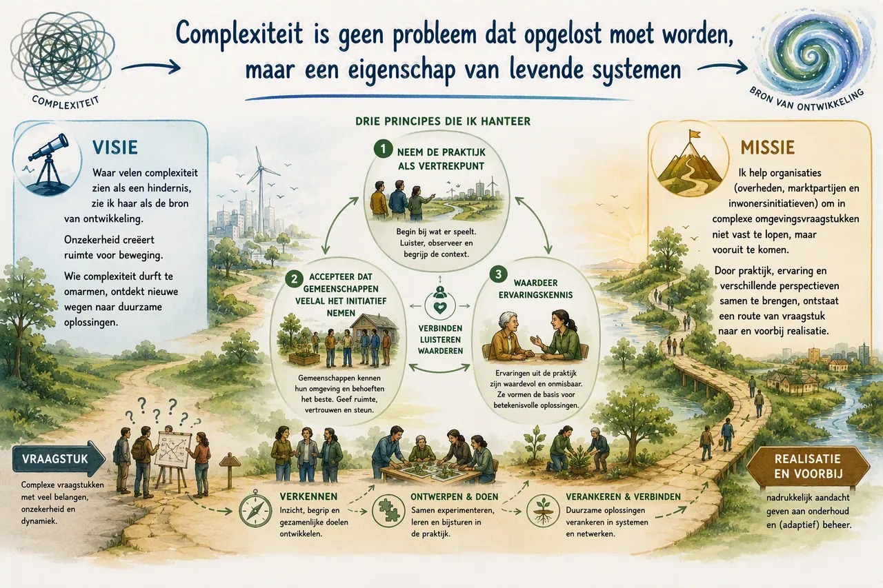 Infographic met de missie en visie van Geldof c.s. en de terugkerende principes in het midden