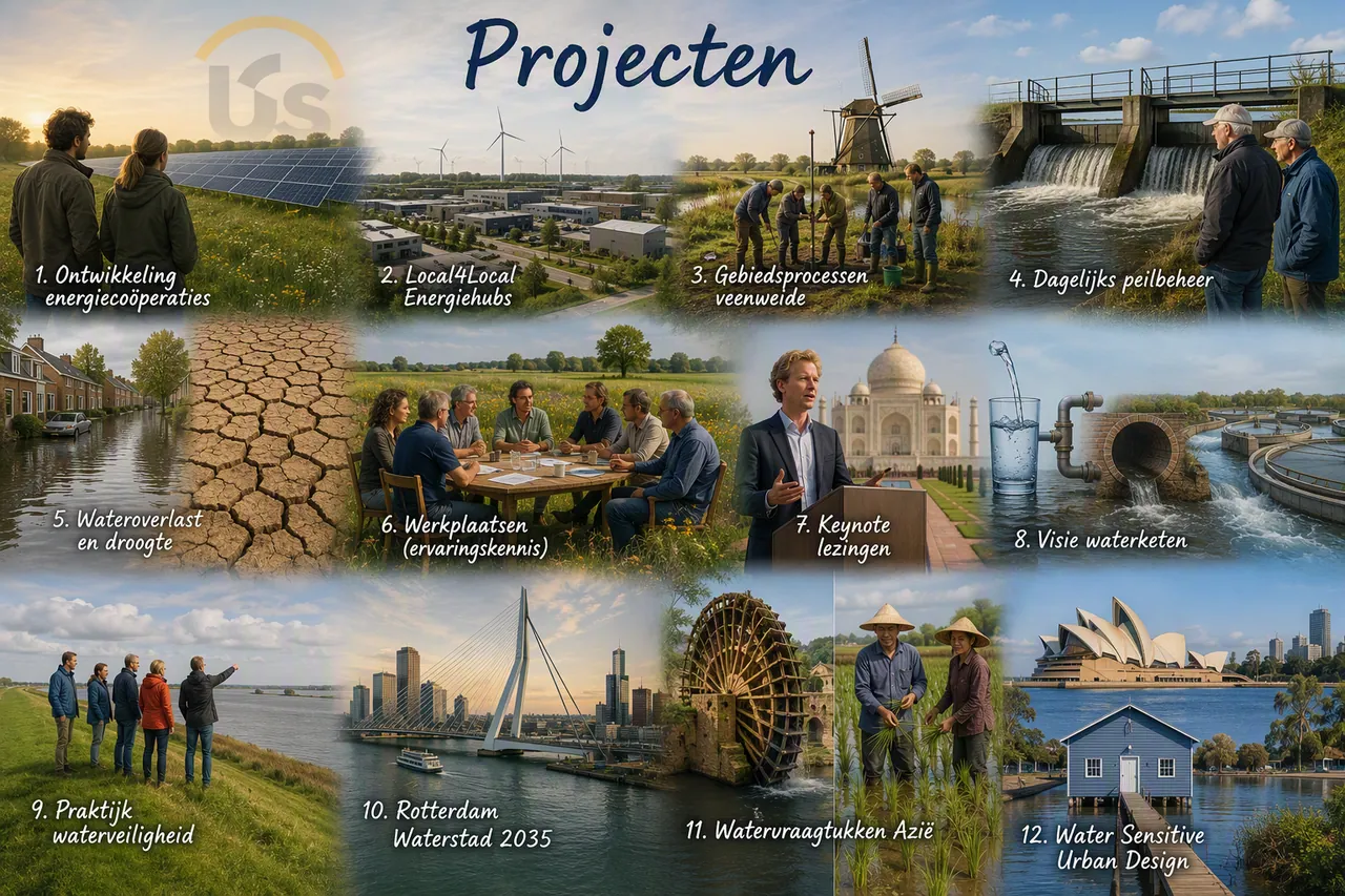 Infographic met een selectie van projecten van Geldof c.s. rond water, bodem en energie